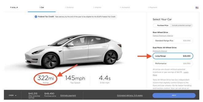 特斯拉長續航版Model 3增加12英里里程 漲價500美元