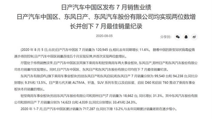 7月同比增長13.5% 東風(fēng)日產(chǎn)累銷54.5萬輛