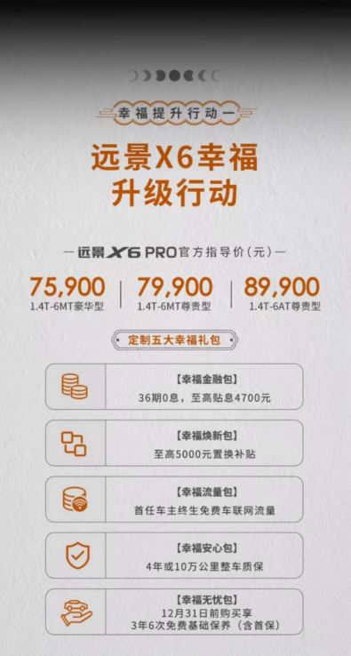定制五大幸福禮包，遠景X6 PRO售7.59萬起