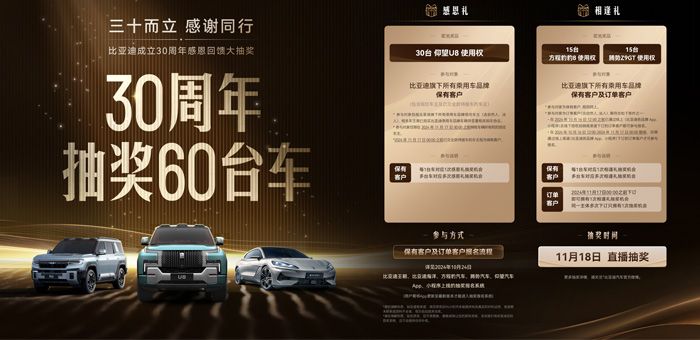 海洋車主專享 比亞迪30周年抽U8使用權